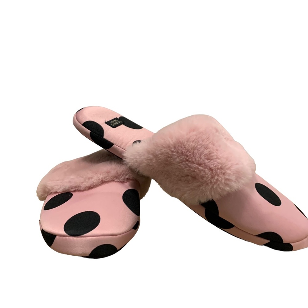 Victoria's Secret Signature pink and black dot Satin Slippers Size M !!